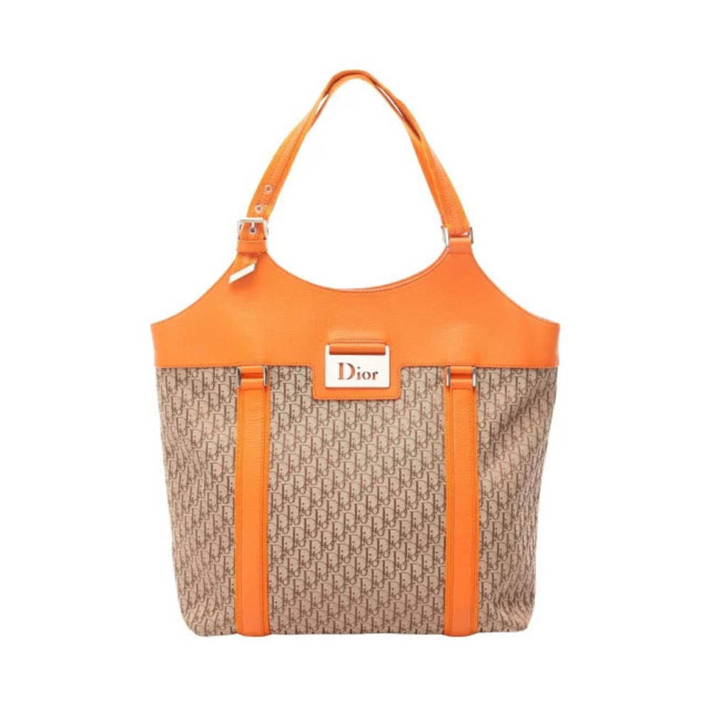 Christian Dior Trotter Street Tote Bag Canvas Leather Beige Cream Orange